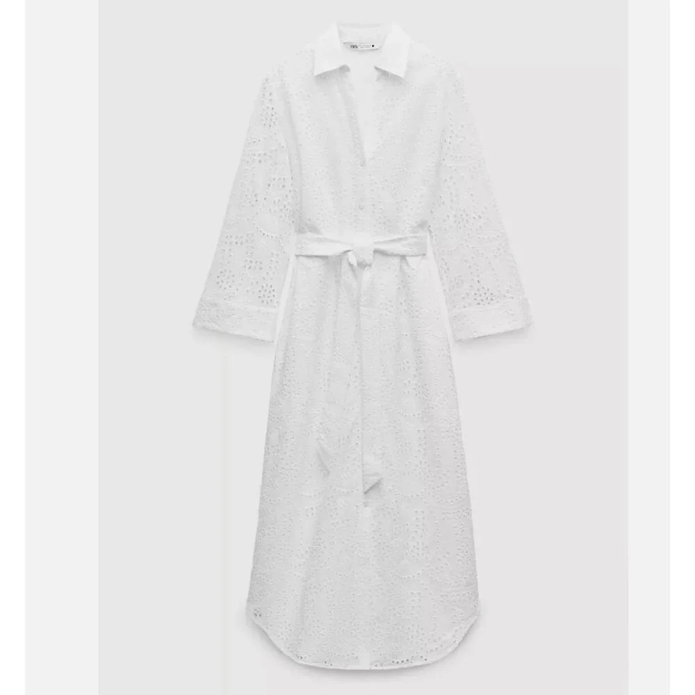 ZARA WOMAN $109 EMBROIDERED EYELET SHIRT DRESS ZW COLLECTION WHITE | 3129/265 - Picture 2 of 9